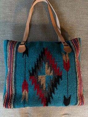 SERAPE Saddle Blanket Aztec Pattern Tote Bag Purse with Leather Handles